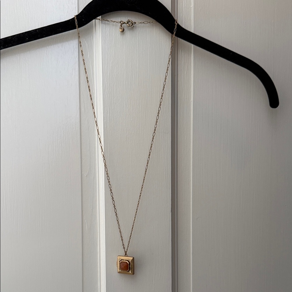 Gold-Tone Square Pendant Necklace with Brown Accent